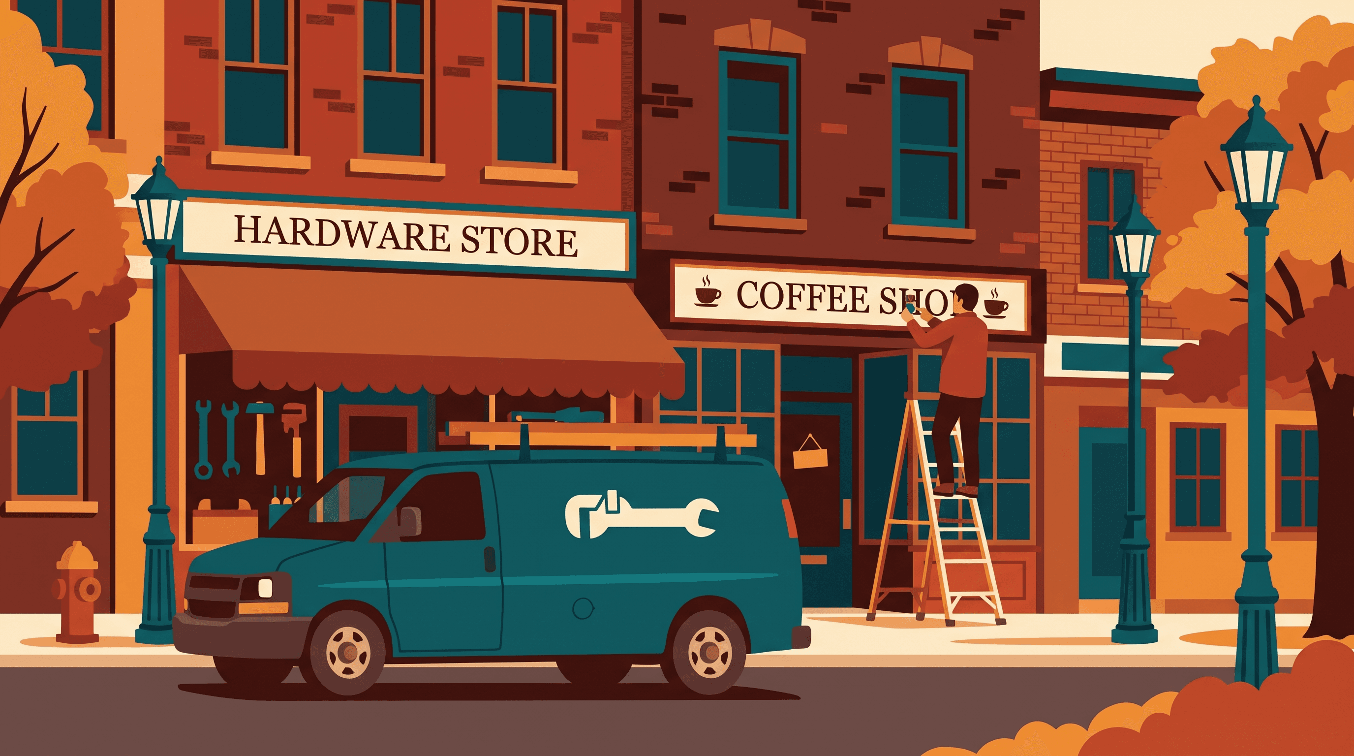 Illustration of a New England main street with trades businesses