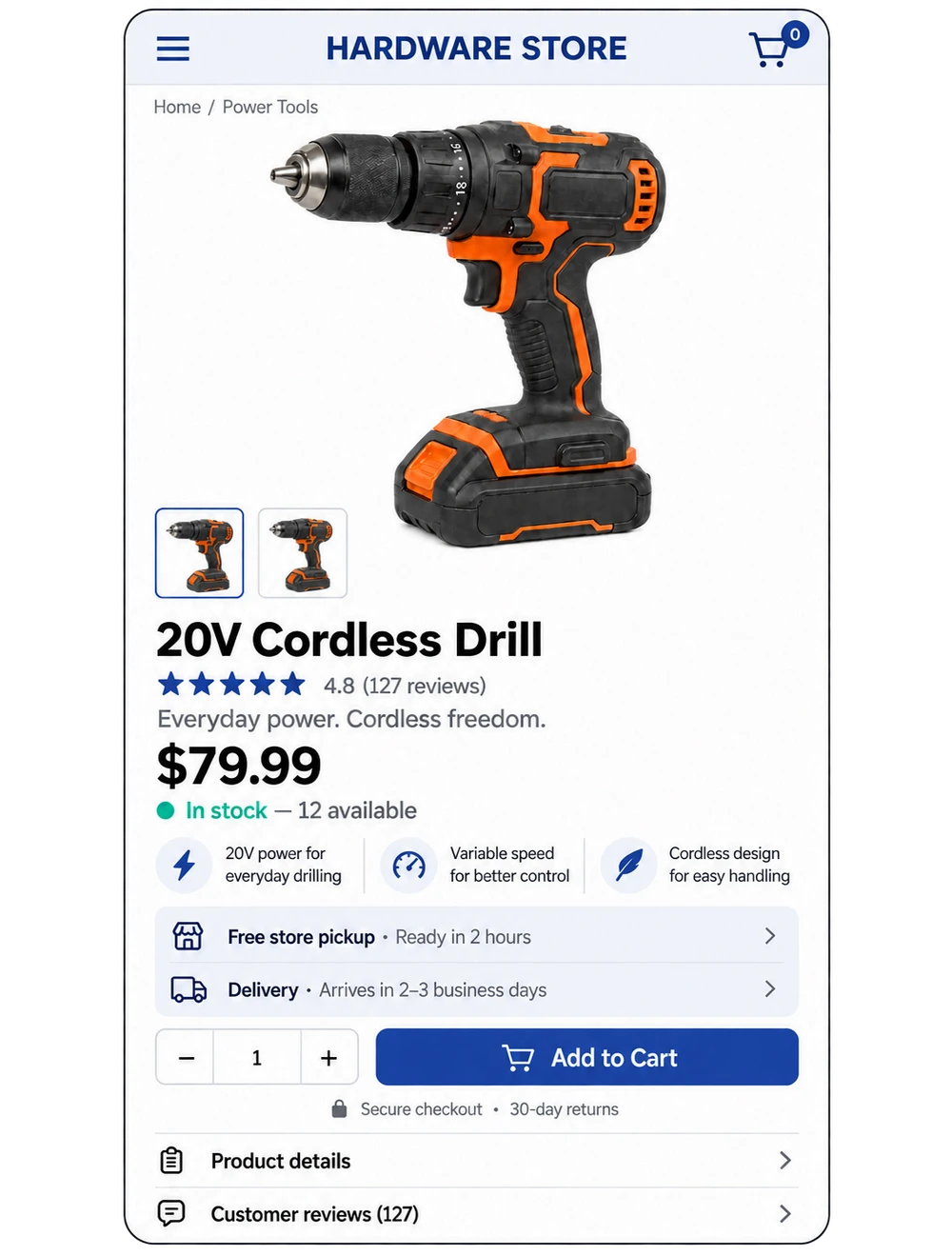 After: the same drill with clear product details, pricing, reviews, stock, pickup and delivery information.